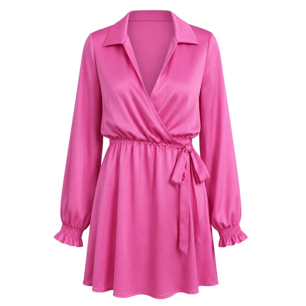 Peach Love California Dress Womens Small Pink Satin Wrap Tie Long Sleeve Mini